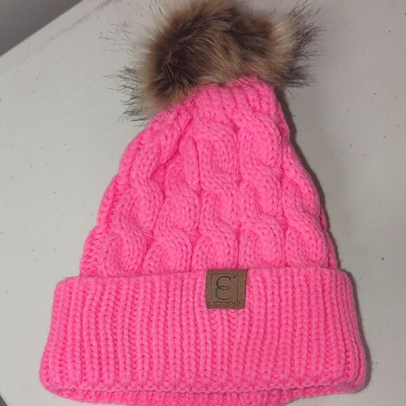 CC Boutique Pink and Brown Cable Knit Hat - Picture 1 of 1